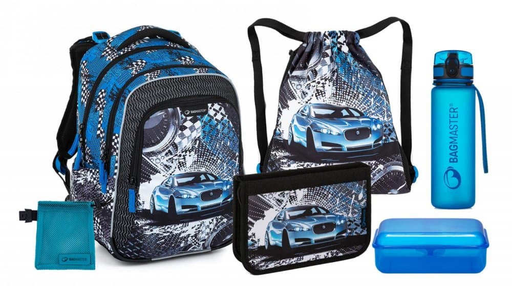 Velký školní set pro prvňáčky - modré auto  LUMI 23 D (batoh + penál + sáček na TV + box na svačinu + lahev + sáček na drobnosti)