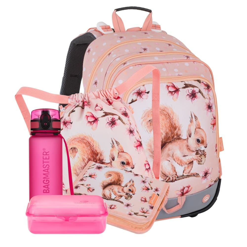Bagmaster, Dívčí velký školní set pro prvňáčky Alfa 26 A Veverka (batoh + penál + sáček na tělocvik + lahev + box)