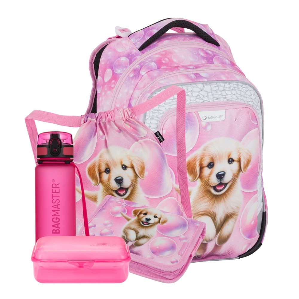 Velký školní set LUMI 26 A – batoh, sáček, penál, láhev, box, ergonomický set pro prvňáčky zlatý retrívr